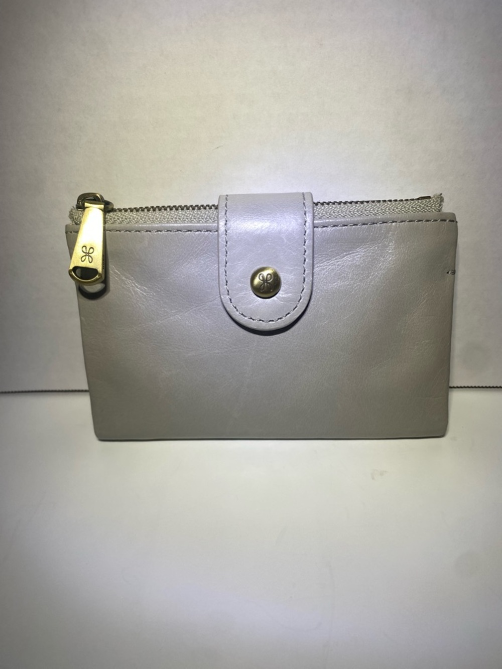 HOBO Light Gray Leather Wallet with Gold Hardware